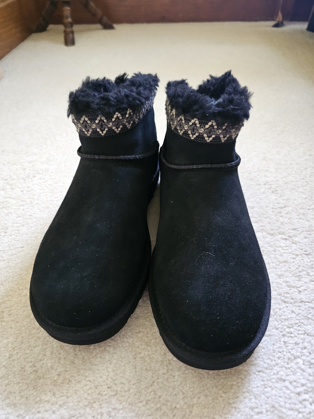 UGG Black Tasman Ultra Mini Faux Fur Cuff Ankle Boots with Knit Diamond Trim